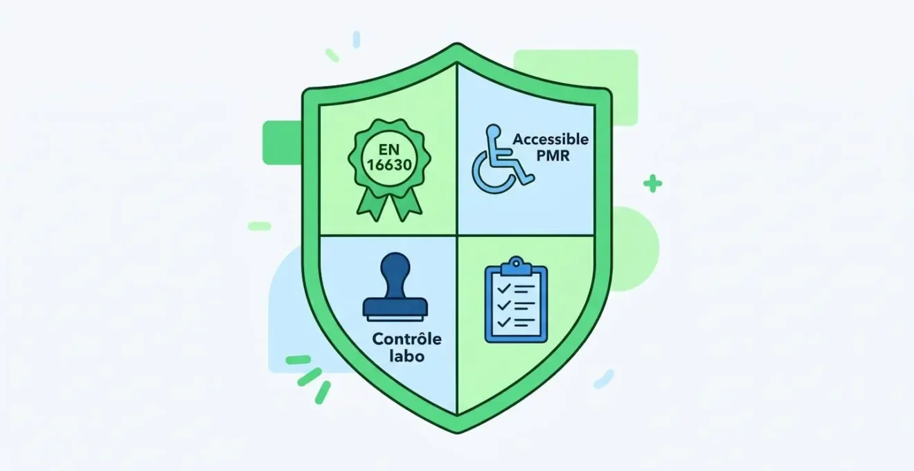 Illustration en design plat d'un bouclier protecteur divisé en quatre quadrants affichant les pictogrammes de certification EN 16630, accessibilité PMR, contrôle laboratoire et checklist maintenance